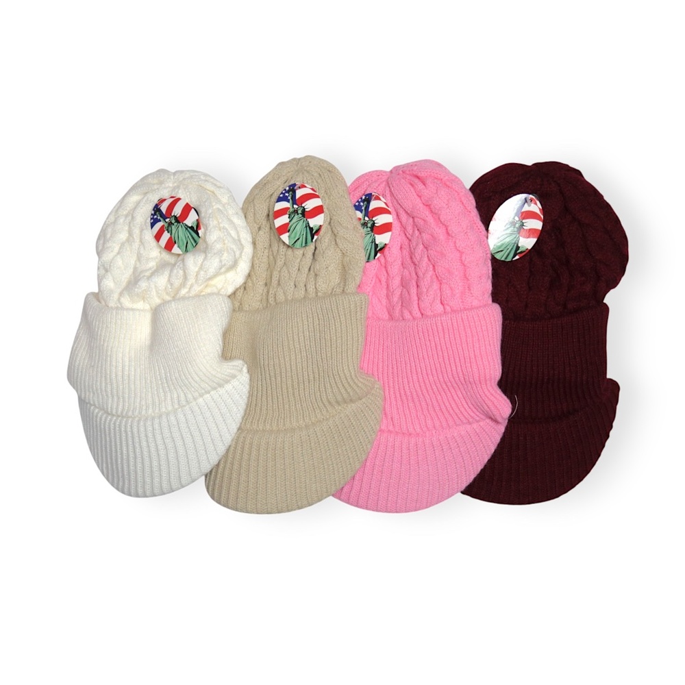 NWT Women Cable Knit Beanie Hat with Brim Double Cuff Winter Cap One Size
